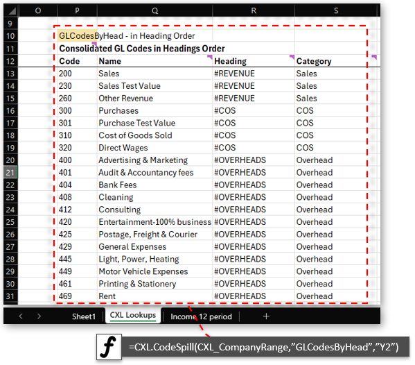 Spill gl Accounts codes to sheet